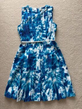 Calvin Klein Teal Aqua White Watercolor Belted Pleated Fit & Flare Dress Size M